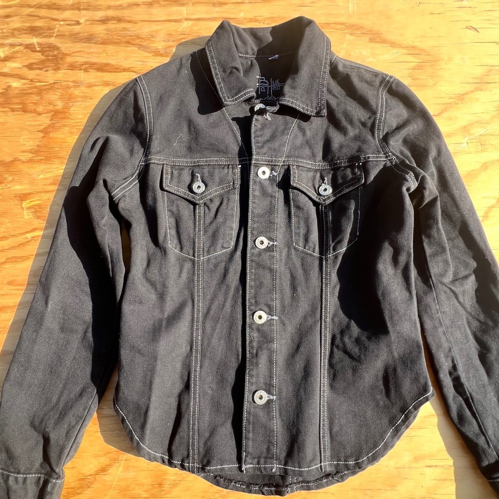 Blue Tattoo Black Denim Jacket White Contrast Stitch Western Trucker Small